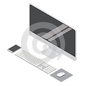 Modern flat computer desktop isometric illustration for info graphic design.