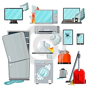 Modern flat consumer electronics home appliances with different damages,vector set.Broken household goods-mobile phone