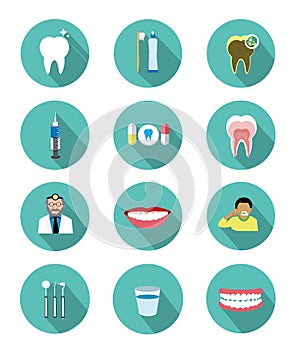 Modern flat dental icons set with long shadow effect