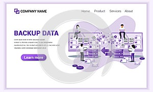 Modern flat design concept of Backup data, Copying files or files transfer process on desktop with characters. Can use for web