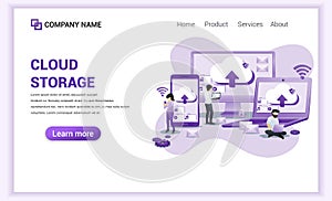 Modern Flat design concept of Cloud Computing, Cloud Storage, data center with characters on giant devices. Can use for web banner