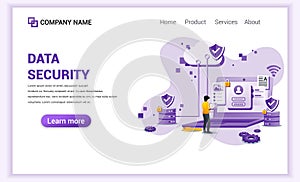 Modern flat design concept of Data Security. A man standing using his laptop on Giant laptop. Can use for analysis, banner, mobile