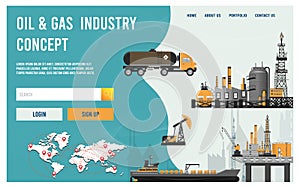 Modern flat design concept of Oil & Gas Industry with refinery, depot, tanker, transport truck and Offshore Drilling Rig for websi