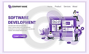 Modern Flat design concept of Software Development with characters on screen programming and coding. Can use for banner, business