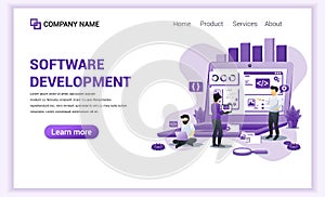 Modern Flat design concept of Software Development with characters on screen programming and coding. Can use for banner, business