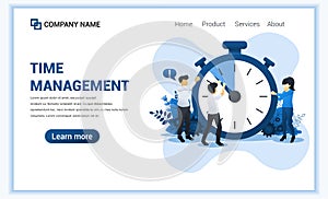 Modern Flat design concept of Time management with Characters. A man trying to stop time on giant clock. Can use for web banner,