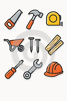 Modern Flat Design Construction Tools Set with Outline Style Stickers