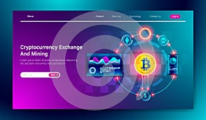 Modern flat design of Cryptocurrency Exchange and bitcoin mining technology on tablet and mobile device concept for landing page