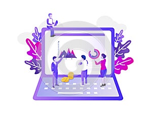 Modern flat design with a group of miniature business people ana