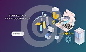 Modern flat design isometric background of blockchain and cryptocurrency for banner and website. Landing page template. Virtual ca