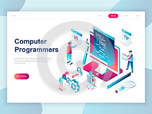 Modern flat design isometric concept of Computer Programmers for banner and website. Isometric landing page template.