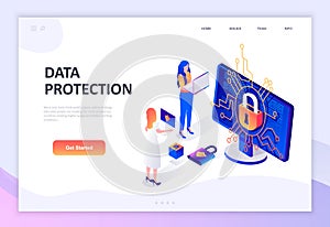 Modern flat design isometric concept of Data Protection decorated people character for website and mobile website development.