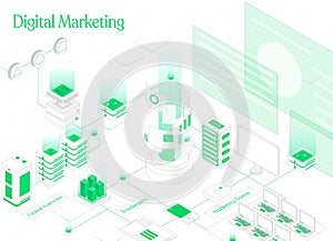 Modern flat design isometric concept of Digital Marketing for banner and website. Abstract 3d vector background. Web