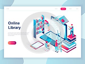 Modern flat design isometric concept of Online Library for banner and website. Isometric landing page template. Technology and