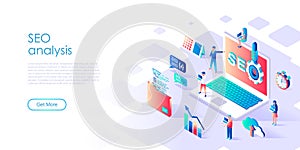Modern flat design isometric concept of Seo Analysis for banner and website. Isometric landing page template. Teamwork project,