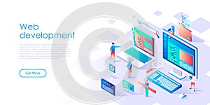 Modern flat design isometric concept of Web Development for banner and website. Isometric landing page template.
