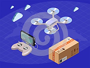 Modern flat design isometric concept of Worldwide Delivery drone, console joystick, smartphone, package. Vector illustration