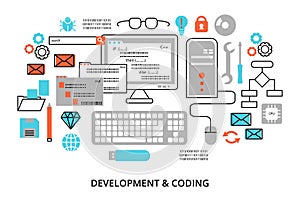 Modern flat editable line design vector illustration, concept of programming, development software and coding process