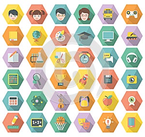 Modern Flat Education and Leisure Icons in Hexagon