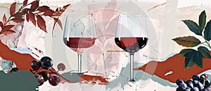 In this modern flat hand drawn illustration, a wooden barrel is surrounded by two wine glasses with red and white wine