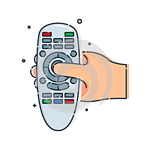 Modern flat icon with black hand remote control on white background for lifestyle design. Fingers press the keys of the controller