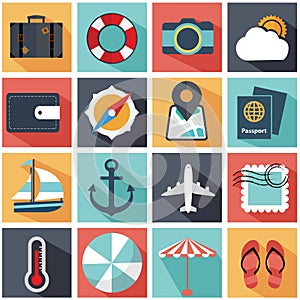 Modern flat icons collection with long shadow in colors of traveling