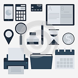 Modern flat icons collection, web design objects, business, finance, office and marketing items.