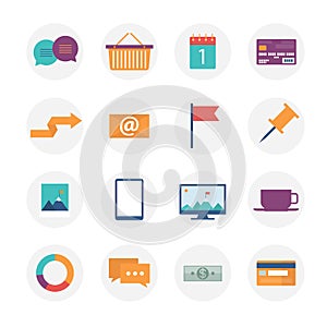 Modern flat icons collection, web design objects, business, office and marketing items.