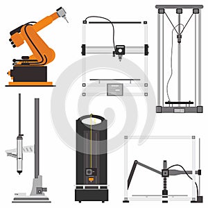 Modern flat icons set of 3D printer with different type such as cartesian 3D printer, Delta 3D Printer, polar printer, scara photo