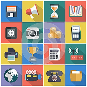 Modern flat icons vector collection with long shadow effect in stylish colors of web design objects, business, office