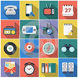 Modern flat icons vector collection with long shadow effect in stylish colors of web design objects, business, office