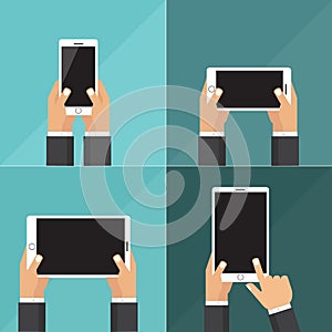 Modern flat icons vector collection of mobile phone and digital tablet using with hand holding screen symbol.