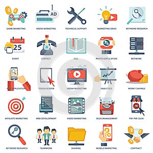 Modern flat icons vector collection in stylish colors of web design objects, business, office and marketing items.