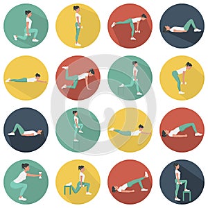 Modern flat icons vector set with long shadow effect in stylish colors of glute exercises and workouts. Circle vector icons of glu