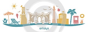 Modern flat illustration Antalya, Turkey with hand drawn doodle turkish symbols in pastel colors.