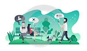 Modern flat illustration with couple on bench in park and guy with dog on walk