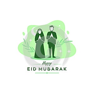 Modern flat illustration of muslim couple blessing Eid mubarak isolated on white background