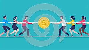 Modern flat illustration of two teams pulling rope with golden dollar as a concept of business rivalry, finance conflict