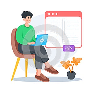 Modern flat illustration of a web developer coding at a professional workspace