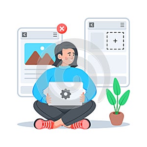 Modern flat illustration of a web developer coding at a professional workspace