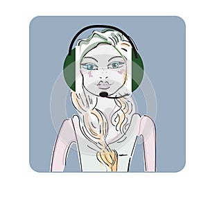 Modern flat illustration of young pretty girl, employee of call center support and help service with headphones and speech