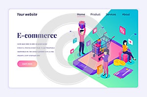Modern flat isometric design concept of E-commerce. People buying products in the online store, Online Shopping concept for
