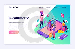 Modern flat isometric design concept of E-commerce. People buying products in the online store