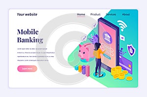 Modern flat isometric design concept of Online Banking with characters. electronic mobile payment