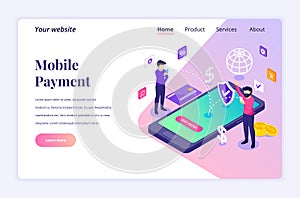 Modern flat isometric design concept of Online Payment, money transfer. People are making an online transaction for website and