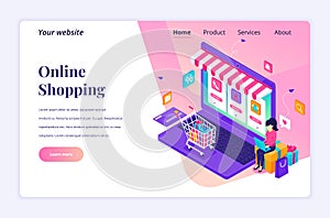 Modern flat isometric design concept of Online Shopping. A woman using laptop to buying products in the online store for