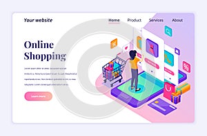 Modern flat isometric design concept of Online Shopping. A young woman buying products in the mobile application store
