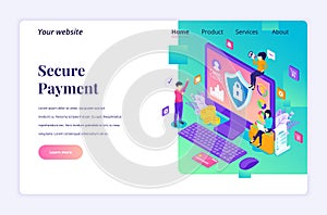 Modern flat isometric design concept of Secure Payment, money transfer protection with characters for website and mobile website.