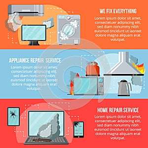 Modern flat repair service concept-damaged consumer electronics home appliances,vertical banners with copy space vector