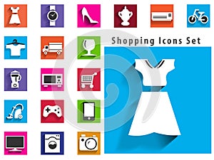 Modern flat shopping icons with long shadow effect in stylish